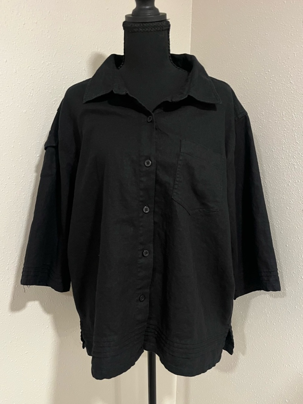CJ Banks Black Linen-Blend Button Shirt-2X